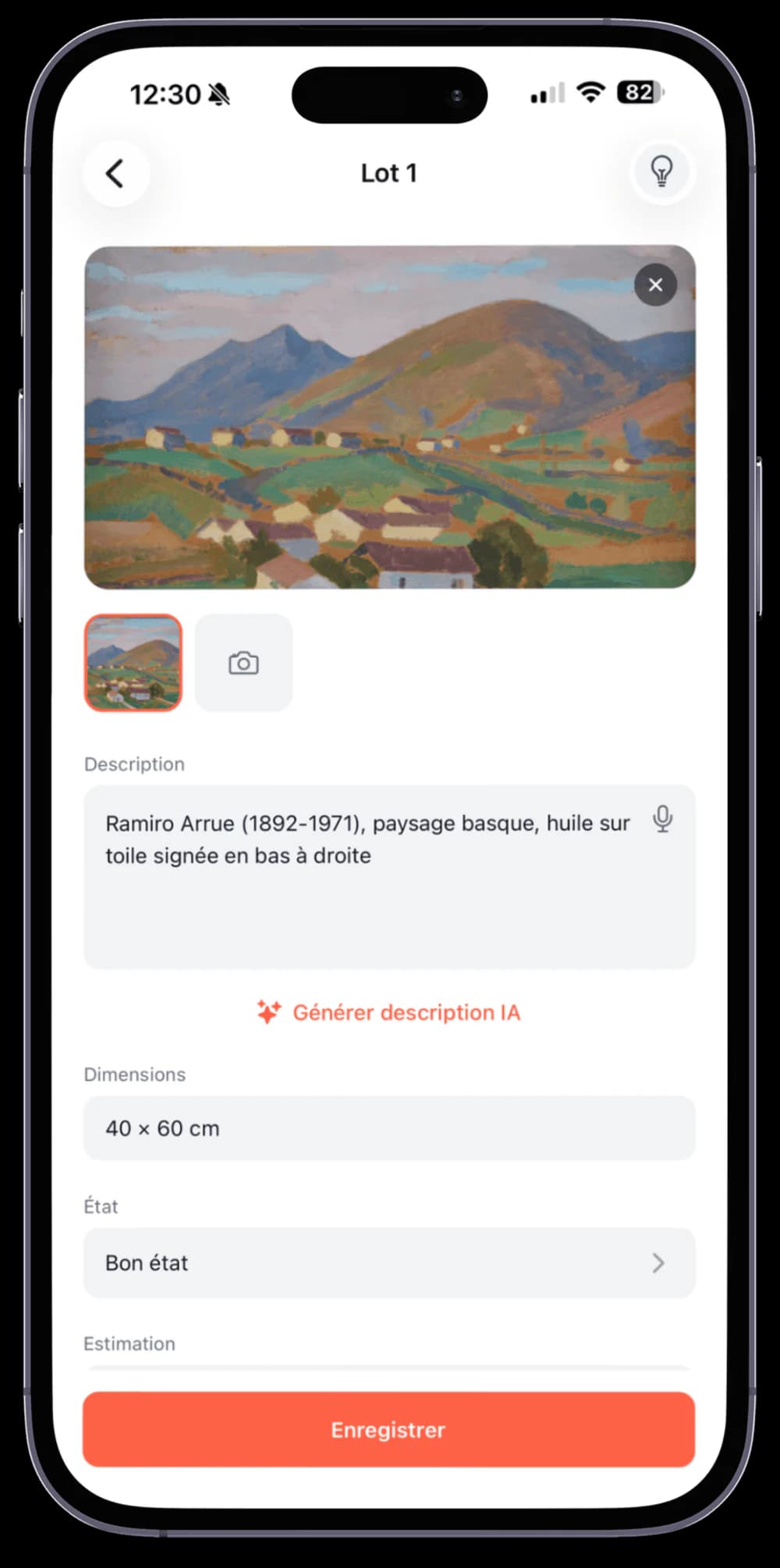La fiche d’un tableau dans l’application mobile Start : photo, description, dimensions et estimation