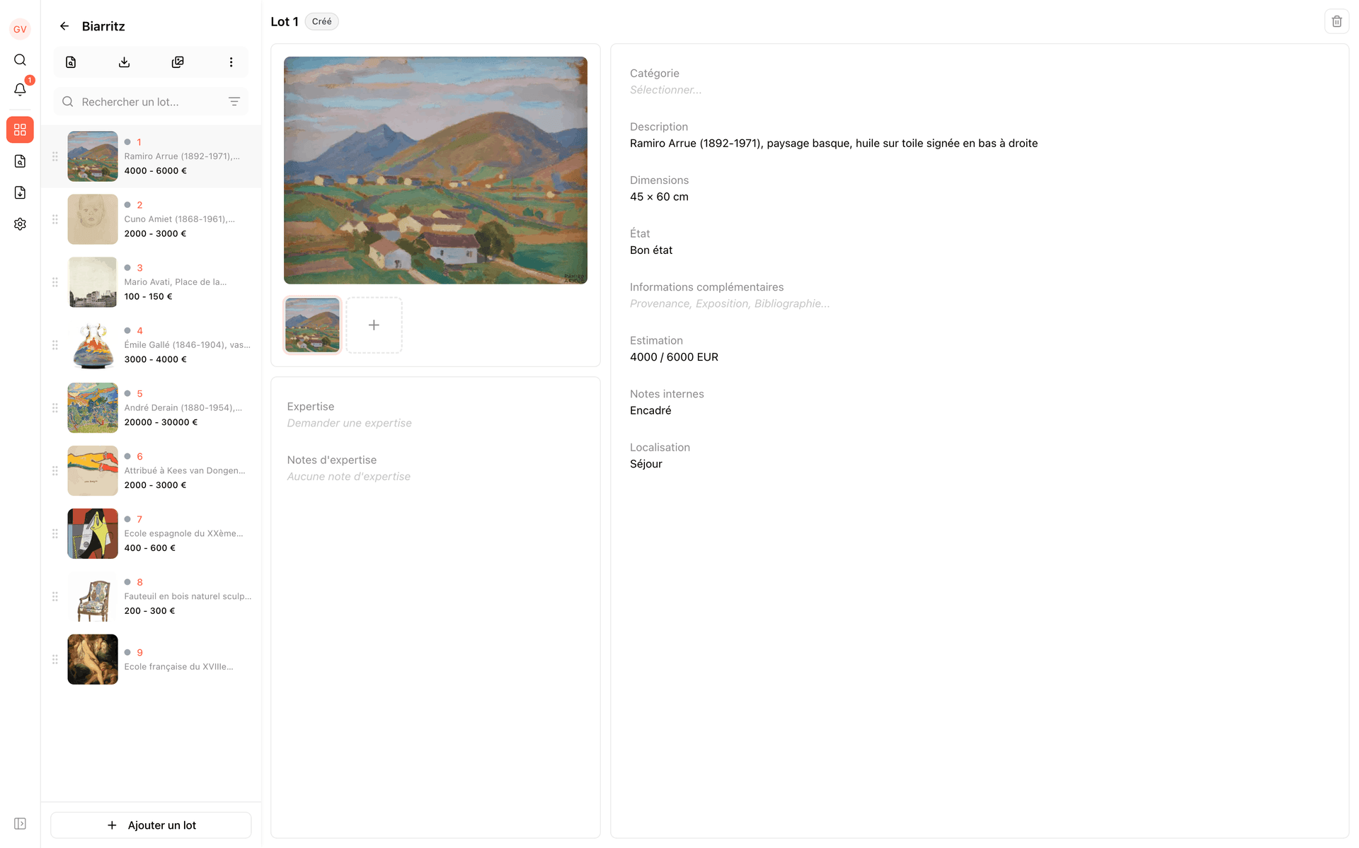 Interface web de Start — fiche détaillée d'un lot avec estimation et description