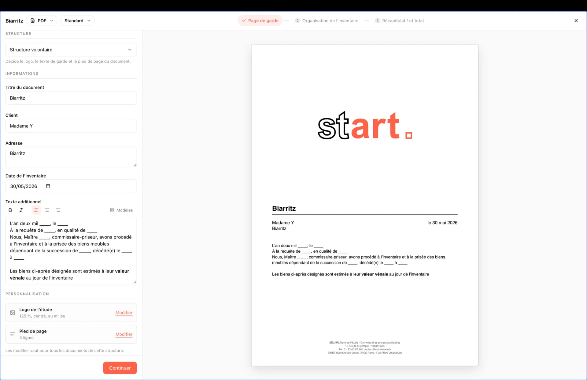 Page de garde dans Start : structure, titre, client, logo et pied de page, avec l’aperçu du document à droite.