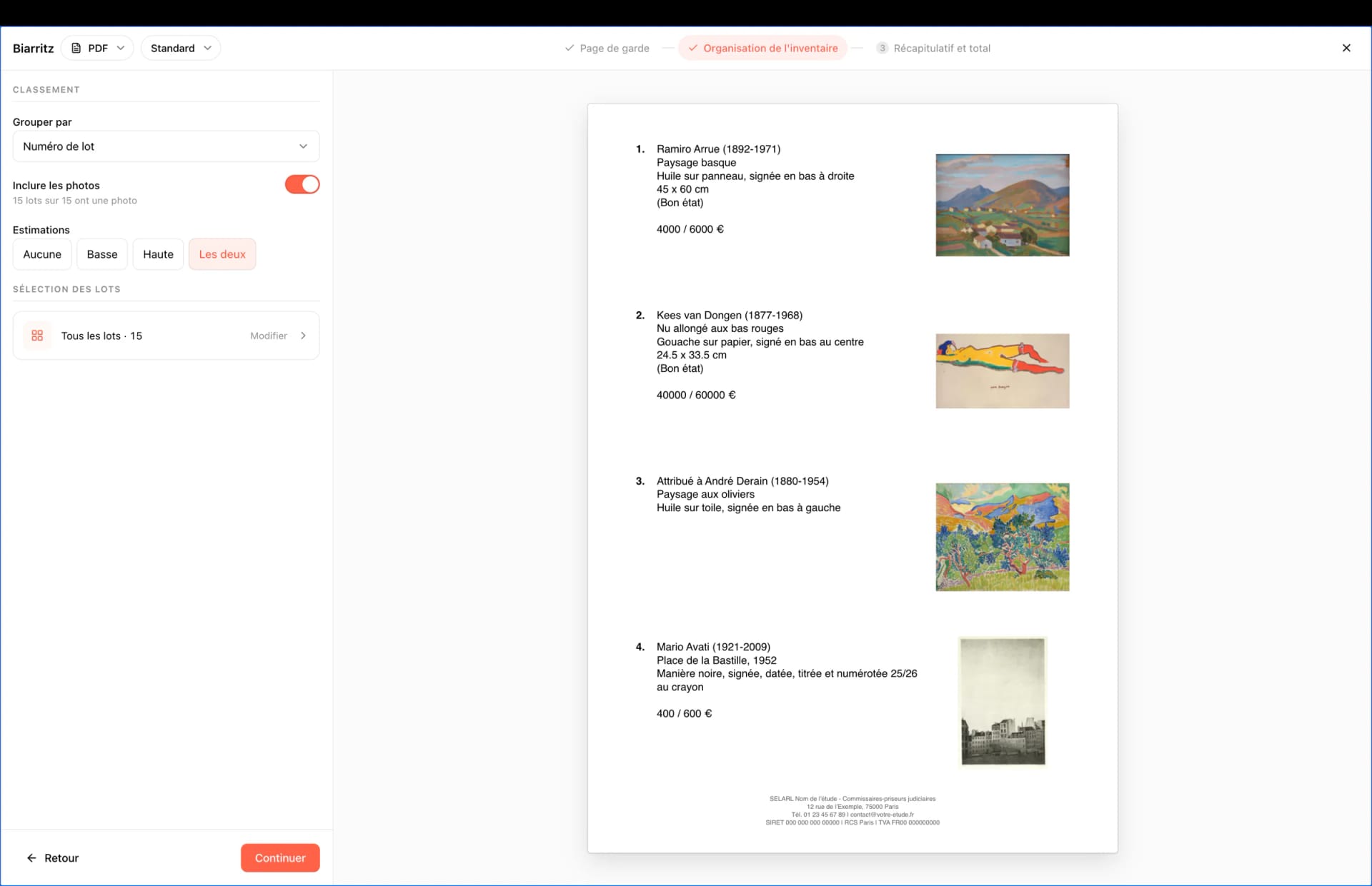 Aperçu PDF réel dans Start : lots illustrés, descriptions et estimations, avec les réglages d’organisation de l’inventaire.