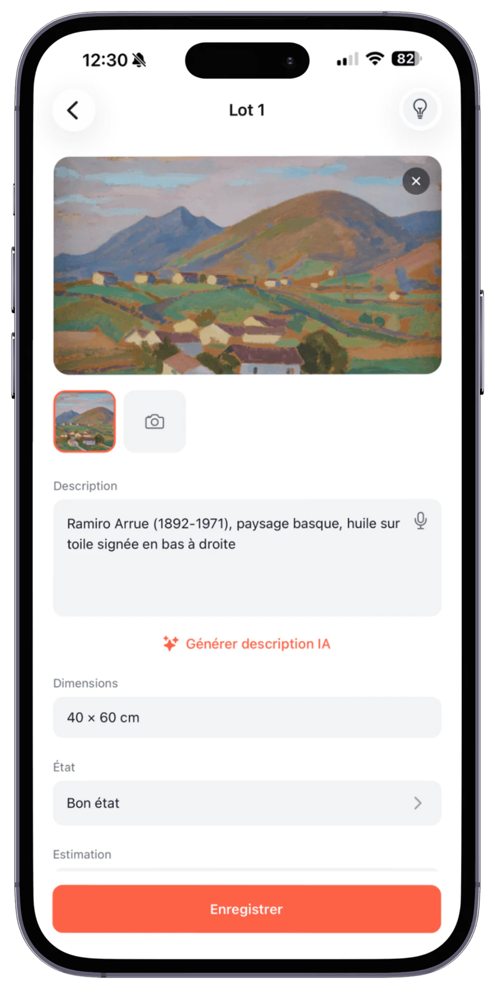 La même fiche de lot dans l’application mobile Start